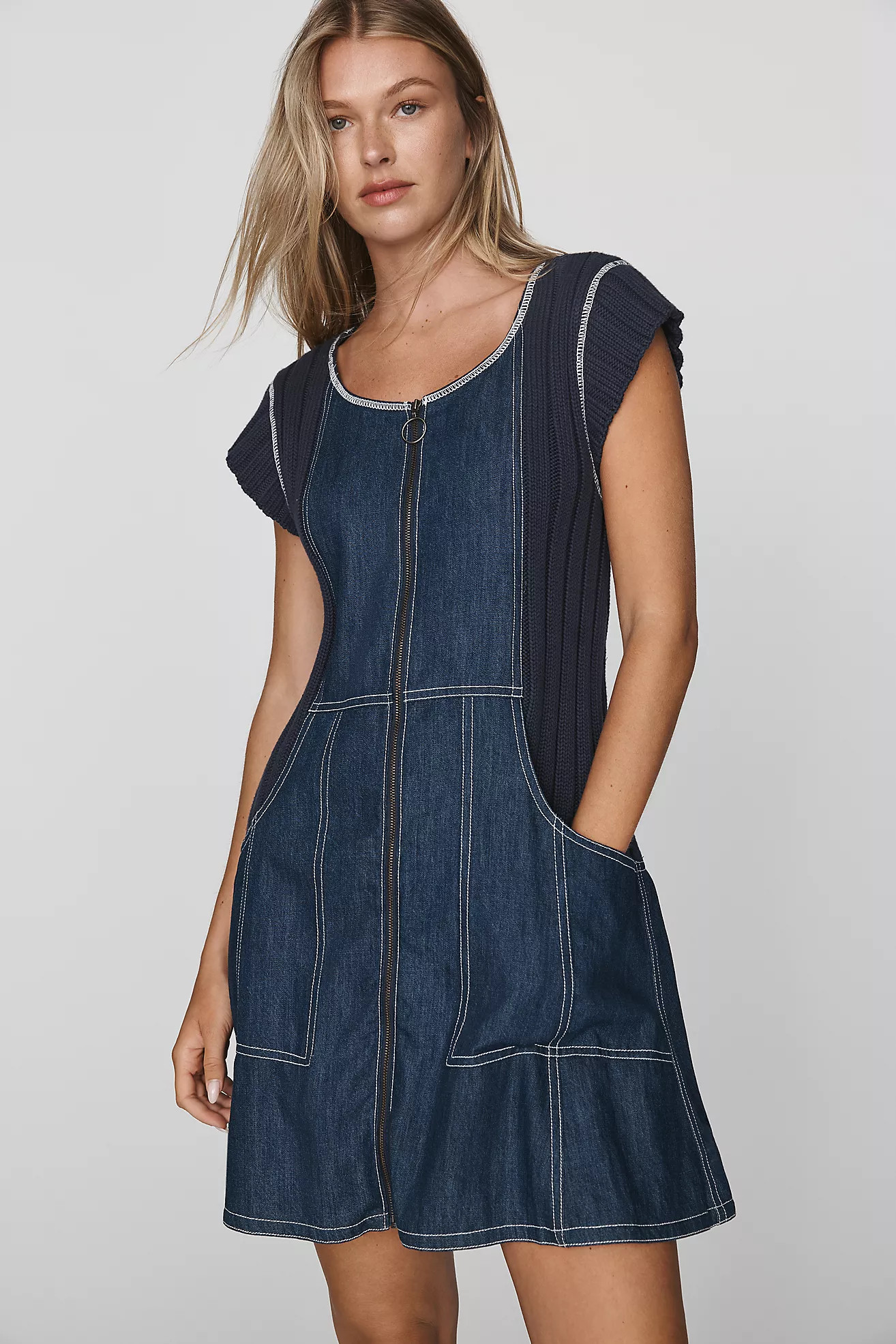 Pilcro Cap-Sleeve Denim Swing Mini Dress | Anthropologie (US)