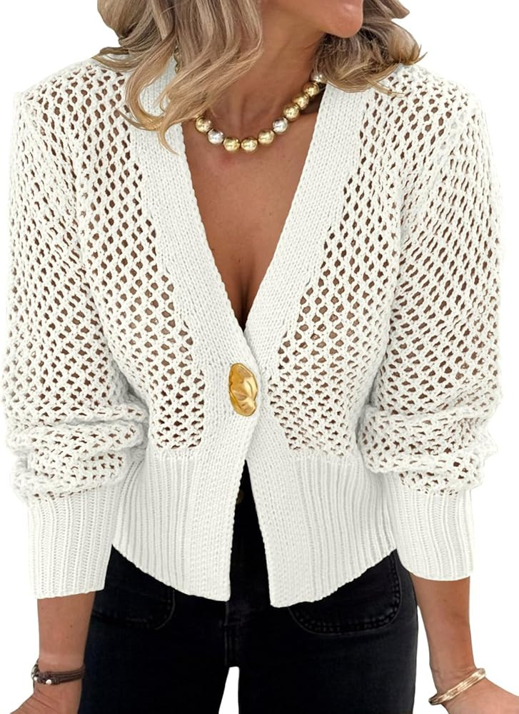 Cicy Bell Womens Cropped Crochet Cardigans Hollow Out Button Down Lantern Sleeve Knit Sweaters Ca... | Amazon (US)
