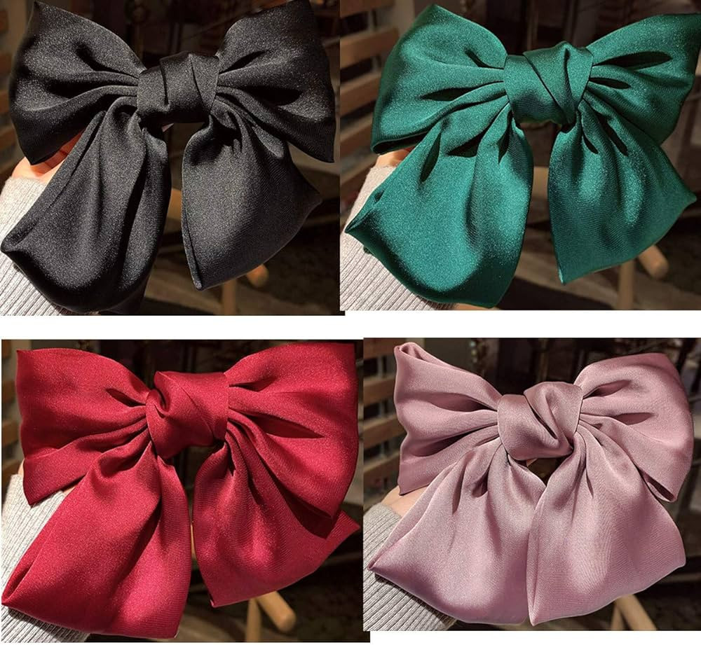 4 Pcs Bow Hair Barrettes Satin Solid Color 6.3 Inch Clips For Women Girls Hair Accessories （Bla... | Amazon (US)