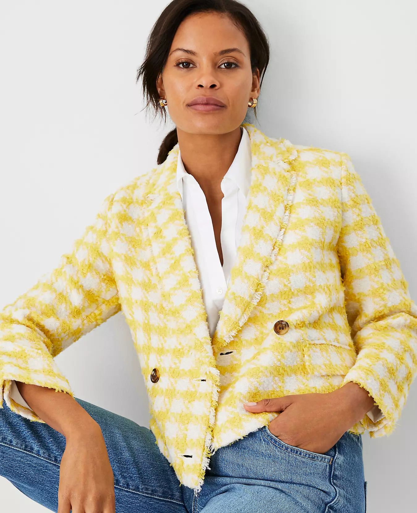Plaid Fringe Tweed Double Breasted Jacket | Ann Taylor (US)