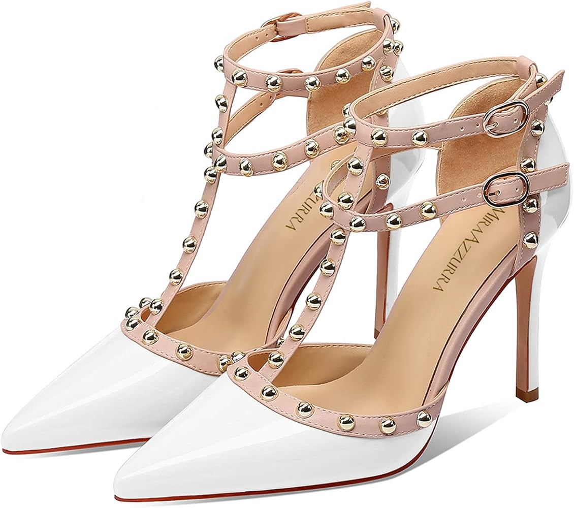 MIRAAZZURRA Women Heeled Sandals Rivet Studded High Heels Stiletto T-Strap Pointed Toe Slip On Br... | Amazon (US)