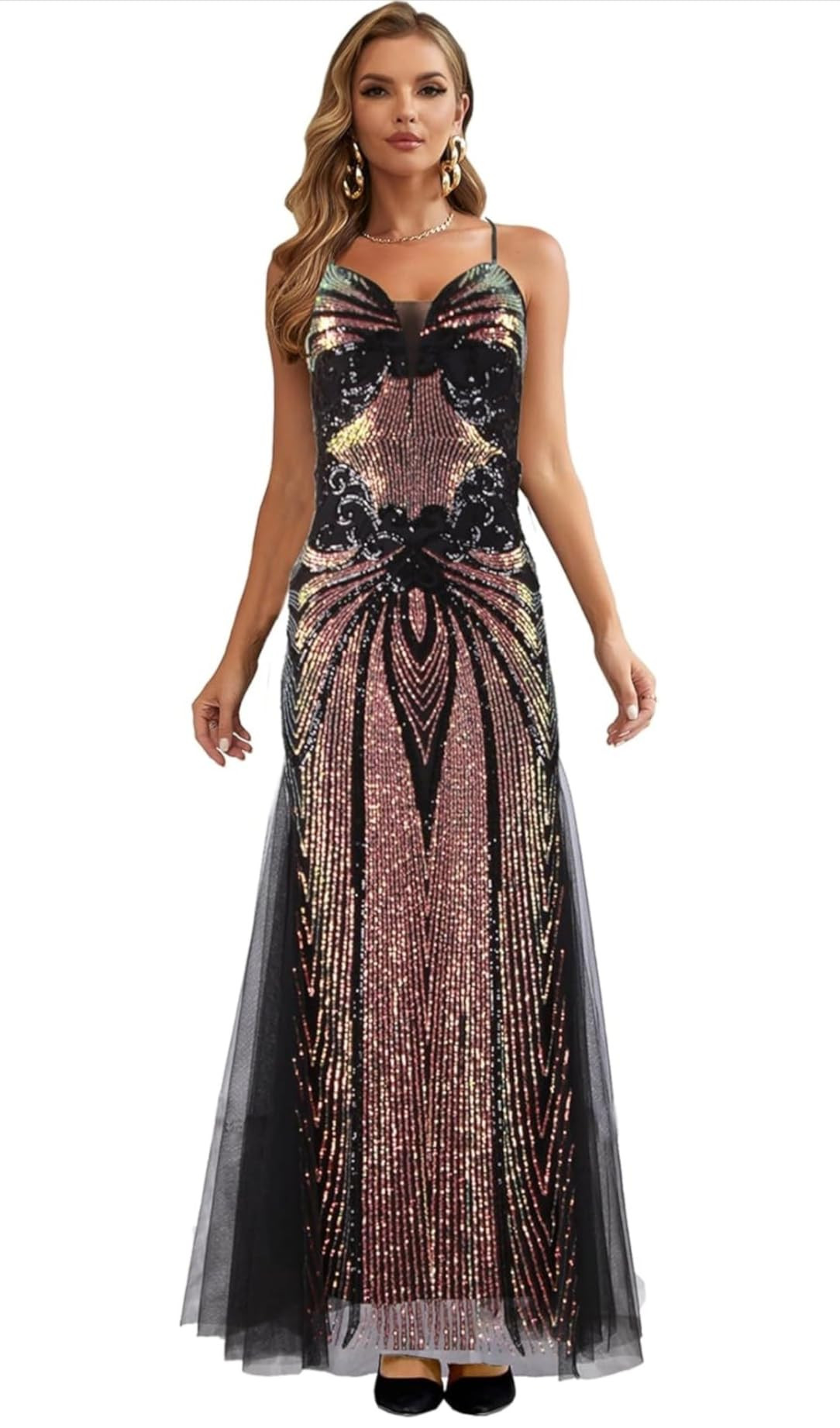 Angel-fashions Women's Sequined V-Neck Gown Elegant Tulle Evening Dress with Criss-Cross Back Straps | Amazon (US)