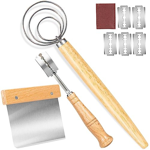 Danish Dough Whisk - Bread Whisk Set of 3 pieces, Bread Making Tools and Supplies, Sourdough Bread Whisk, Dutch Whisk for Dough, With Dough Scraper Bread Cutter, Bread Lame Dough Scoring Tool, Blades | Amazon (US)