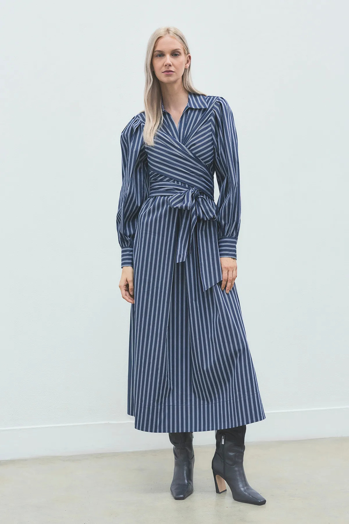 Forever Stripe Cotton Poplin Drama Sleeve Woven Wrap Detail Shirt Dress | Karen Millen