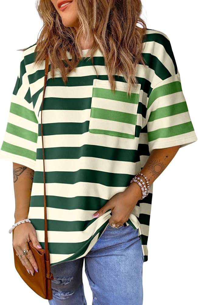 Womens Oversized Color Block Striped Tshirts Summer Casual Short Sleeve Tops Loose Fit Crew Neck ... | Amazon (US)