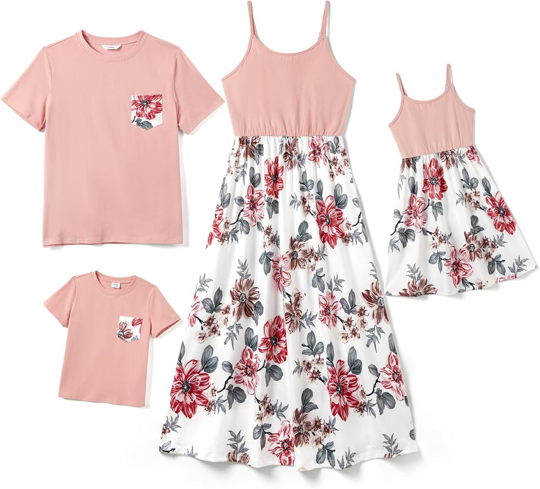 PATPAT Matching Family Outfits Mommy and Me Spaghetti Strap Dress and Short Sleeve T-Shirts Sets ... | Amazon (US)