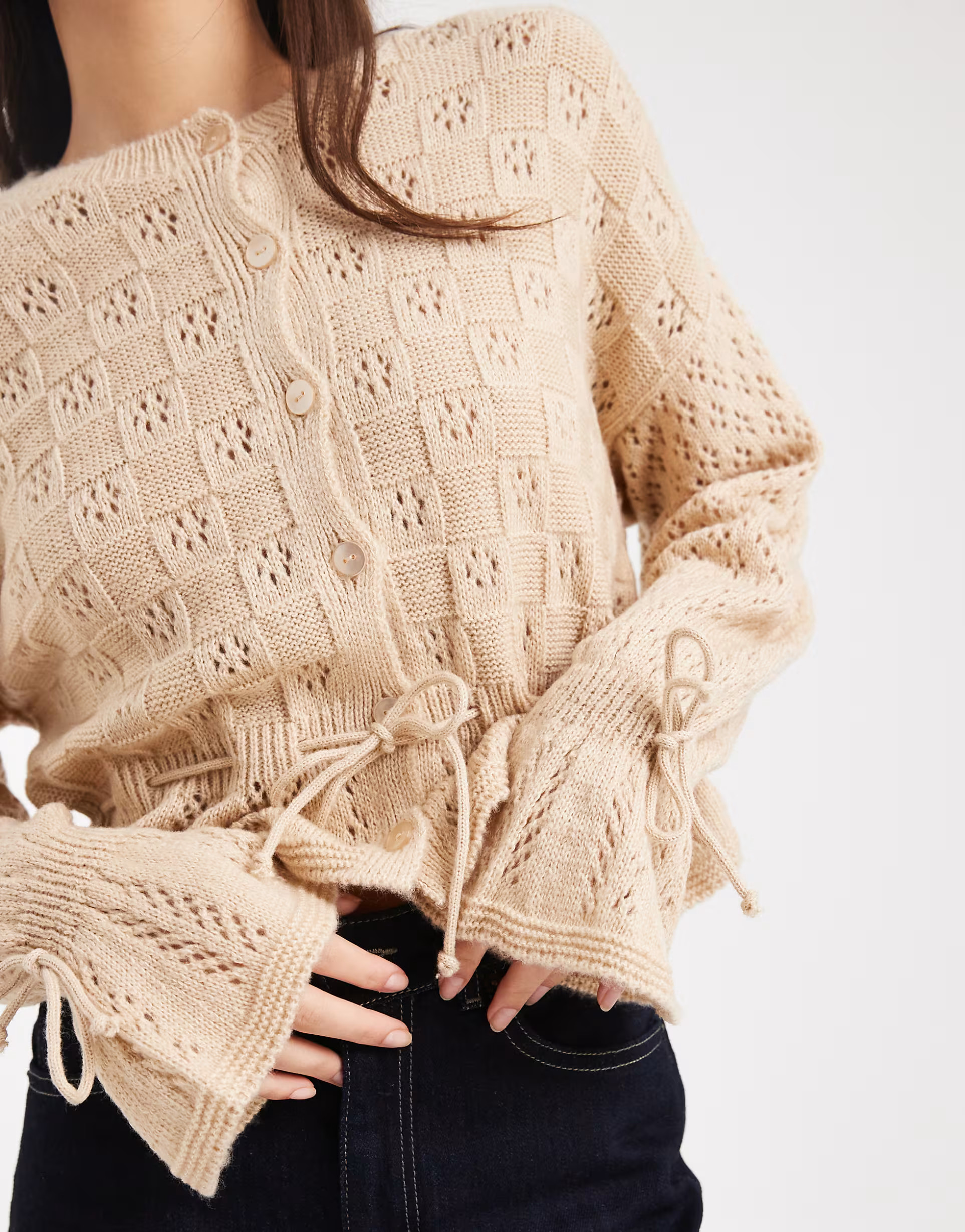 Miss Selfridge knit tie waist frill cardigan in oatmeal | ASOS (Global)