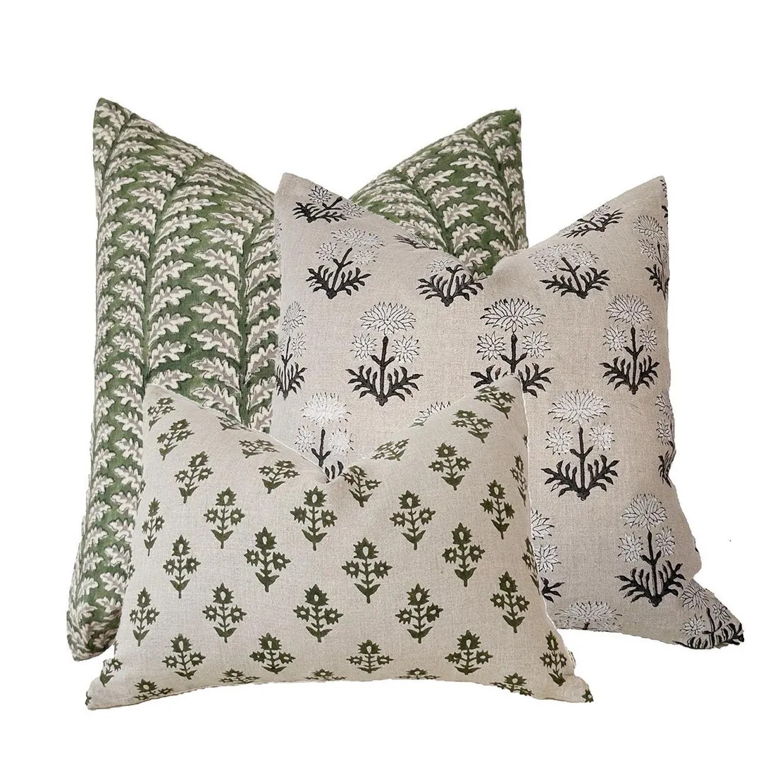 Floral Block Print Linen Pillow Cover: Green, Gray & White - Etsy | Etsy (US)