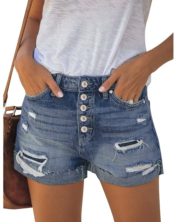 LookbookStore Women Summer High Waisted Sewn Cuffed Hem Buttons Denim Jean Shorts | Amazon (US)