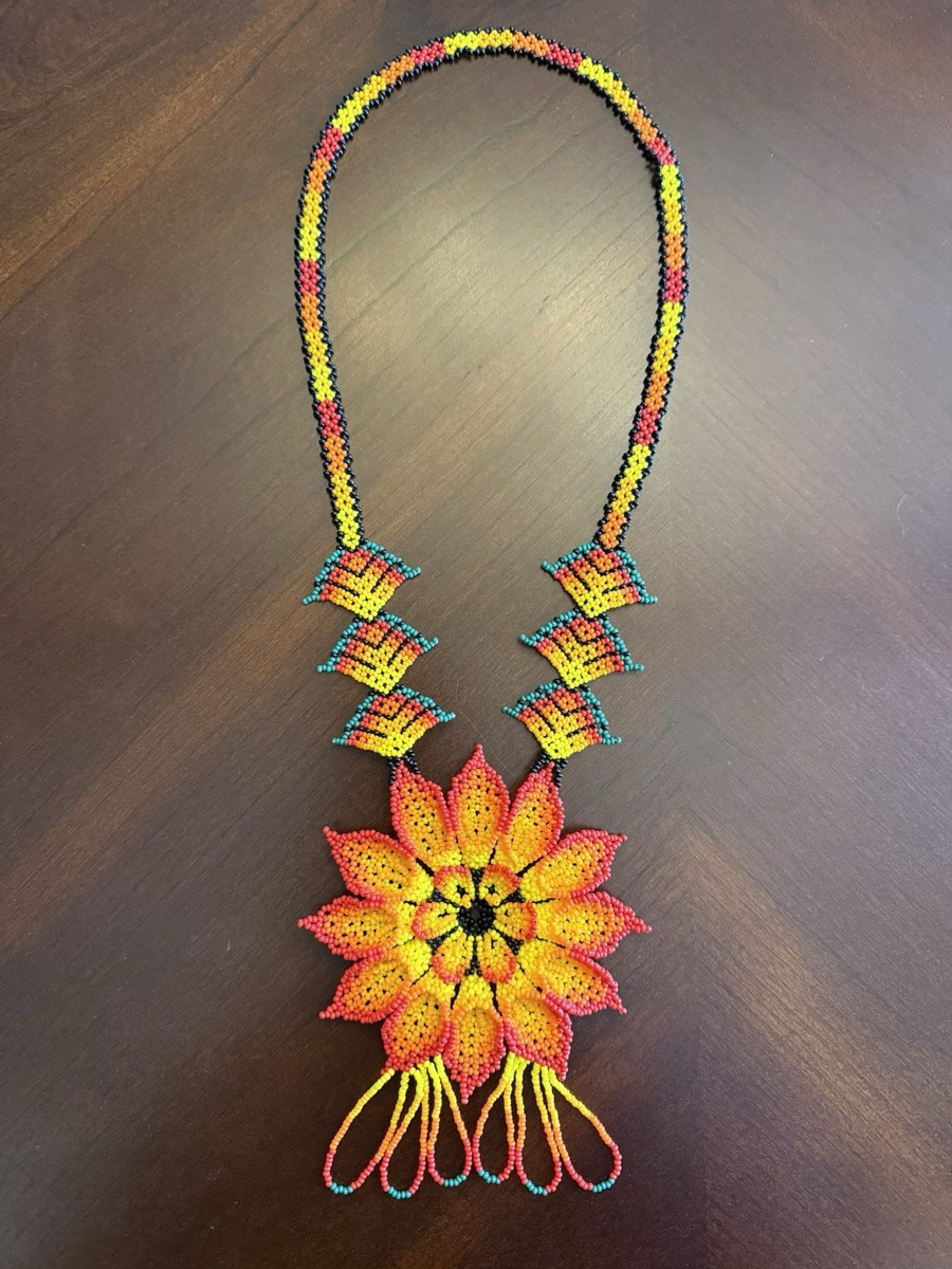Huichol Beaded Handmade Flower Necklace | eBay US