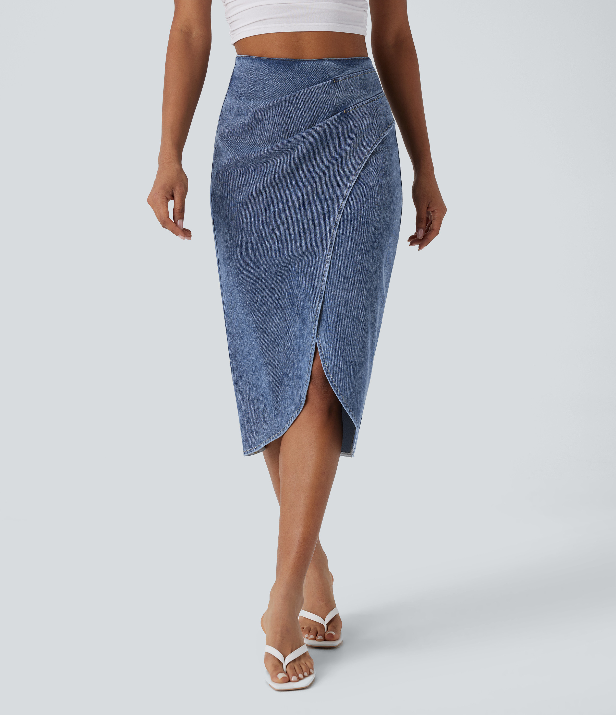 Halara Halara Flex™ High Waisted Back Zipper Ruched Tulip Hem Midi Washed Denim Casual Skirt  - Creek Blue Denim - XS(regular) | HALARA