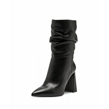 Vince Camuto Ambie Black Leather Slouch Pointed Boot Mid Calf Block Heel Booties (Black Leather 6) | Walmart (US)