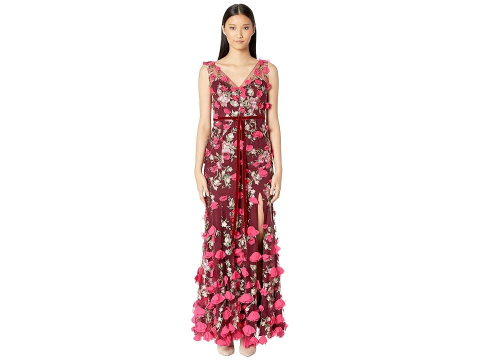 Marchesa V-Neck Embroidered Gown w/ 3D Chiffon Flowers (Wine) Women's Dress | Zappos