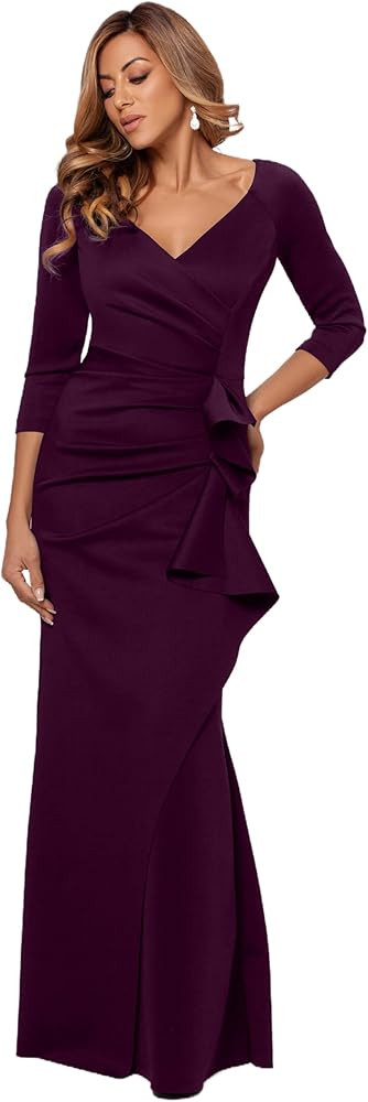Xscape Women's Long 3/4 Sleeve V-Neck Side Ruched Gown (Reg and Petite) | Amazon (US)