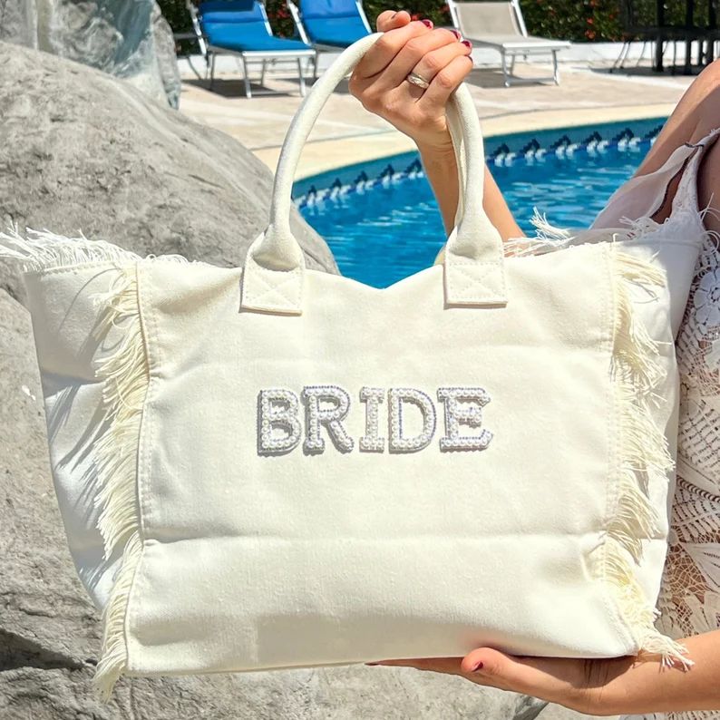 Bride Personalized Beach Bag Custom Bridal Shower Bag Customized Cotton Pearl Tote Bag Bride Cust... | Etsy (US)