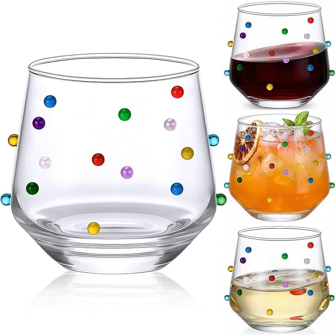 4 Pack 3D Colorful Dots Stemless Wine Glasses Confetti Double Old Fashioned Drinking Glasses 12.5... | Amazon (US)