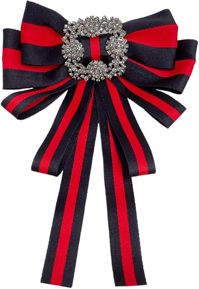 Vintage Red Black Stripe Ribbon Crystal Big Bowknot Shirt Pre-tied Bow Neck Tie Brooches Lapel Pi... | Amazon (US)