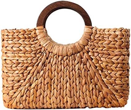chengzui Straw Woven Handbag Rattan Tote Bag Wood Handle Clutch Bags Retro Design Summer Beach Wi... | Amazon (US)