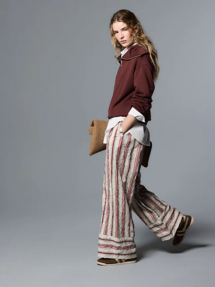 Stone/Red Stripe - Crinkle Wide Leg Pull On Trousers | Next EU
