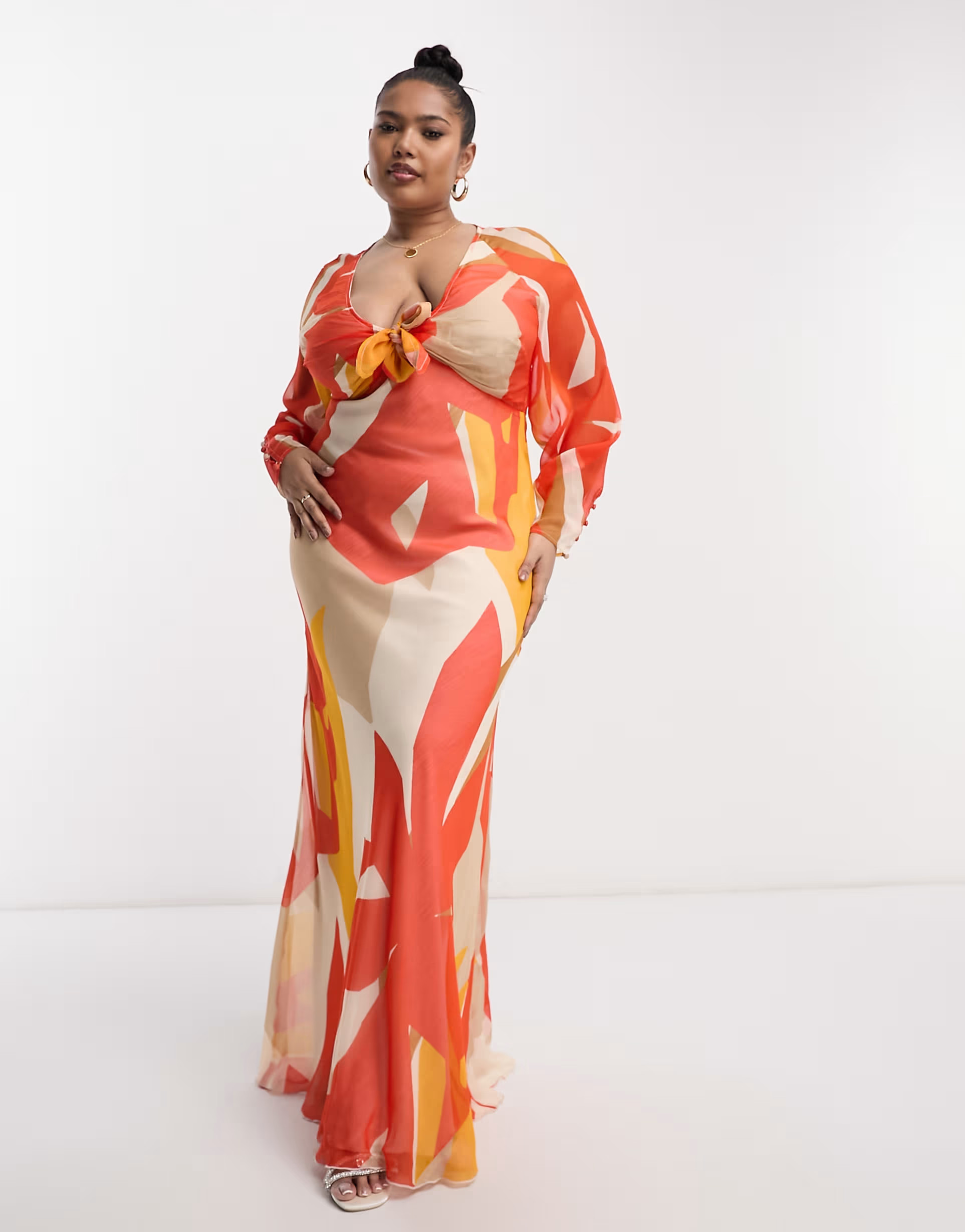 ASOS DESIGN Curve Exclusive tie front plunge maxi dress in orange abstract print | ASOS (Global)