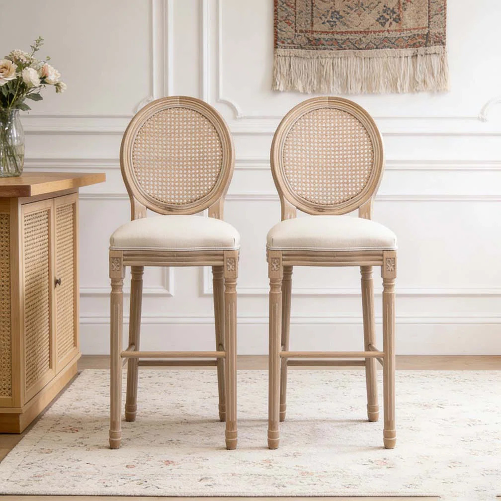 Country Wooden Barstools Rattan Back With Upholstered Seating (Set of 2) | Wayfair North America