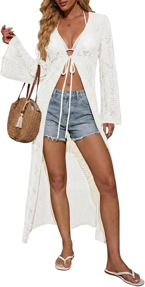 Saodimallsu Womens Crochet Beach Cover up Tie Front Bell Sleeve Lightweight Knit Long Cardigans S... | Amazon (US)