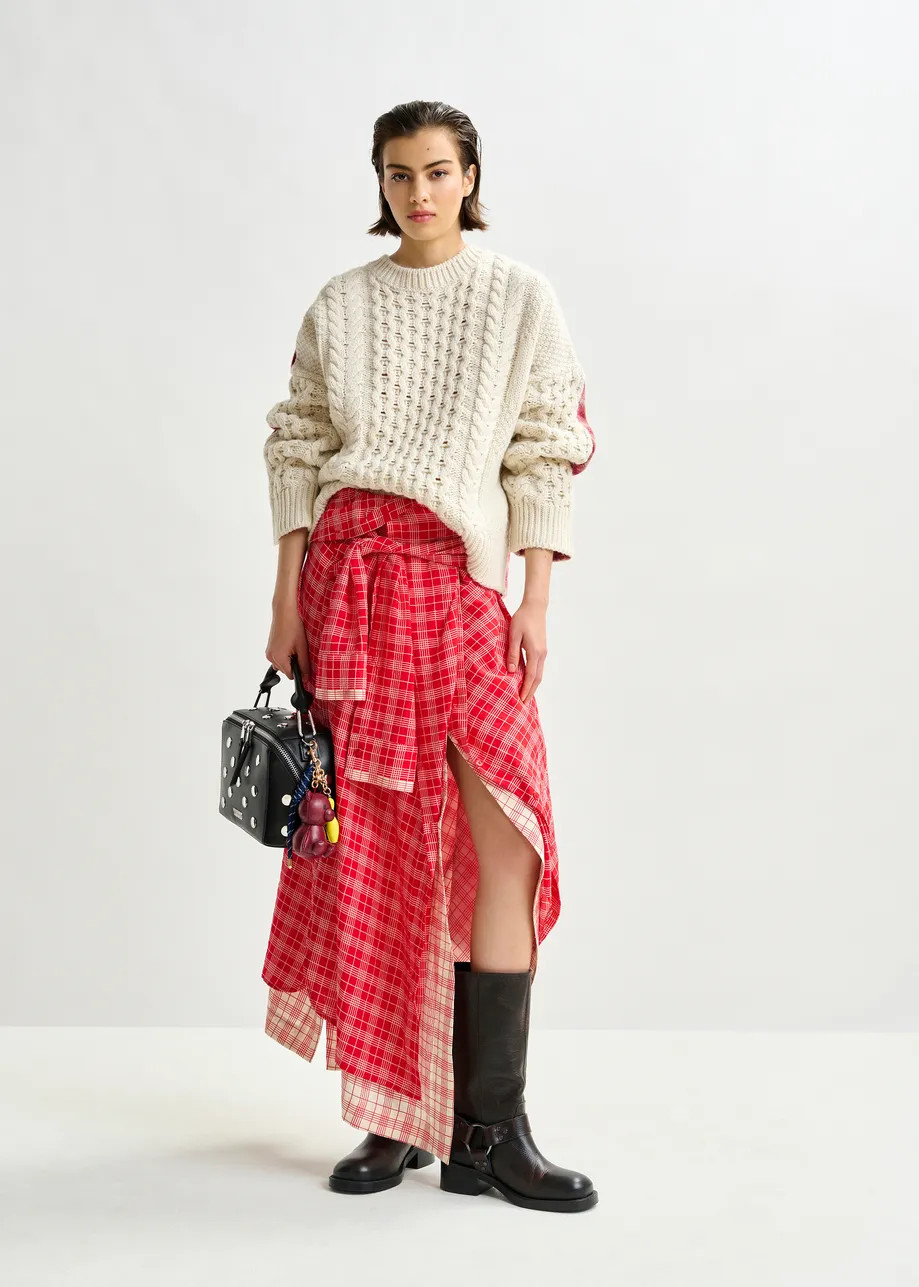 Red and off-white asymmetrical draped skirt with shirt-sleeve waist detail | Essentiel Antwerp Un... | Essentiel Antwerp