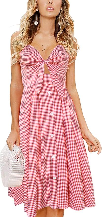 ECOWISH Women Dresses Summer Tie Front V-Neck Spaghetti Strap Button Down A-Line Backless Swing M... | Amazon (US)