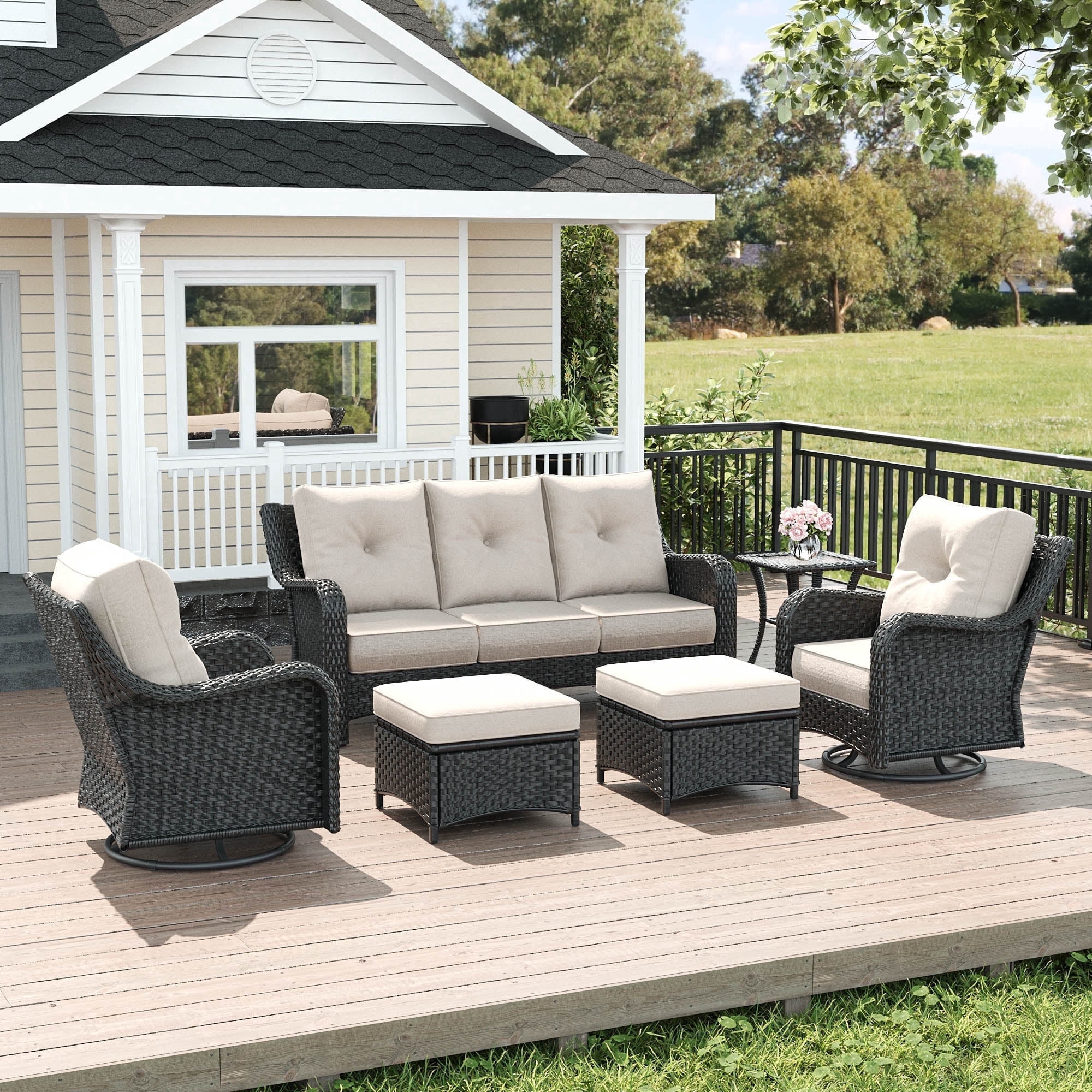 LayinSun 6 Piece Wicker Outdoor Furniture Set with 6-inch Comfy Cushions, High Back Patio Furnitu... | Walmart (US)