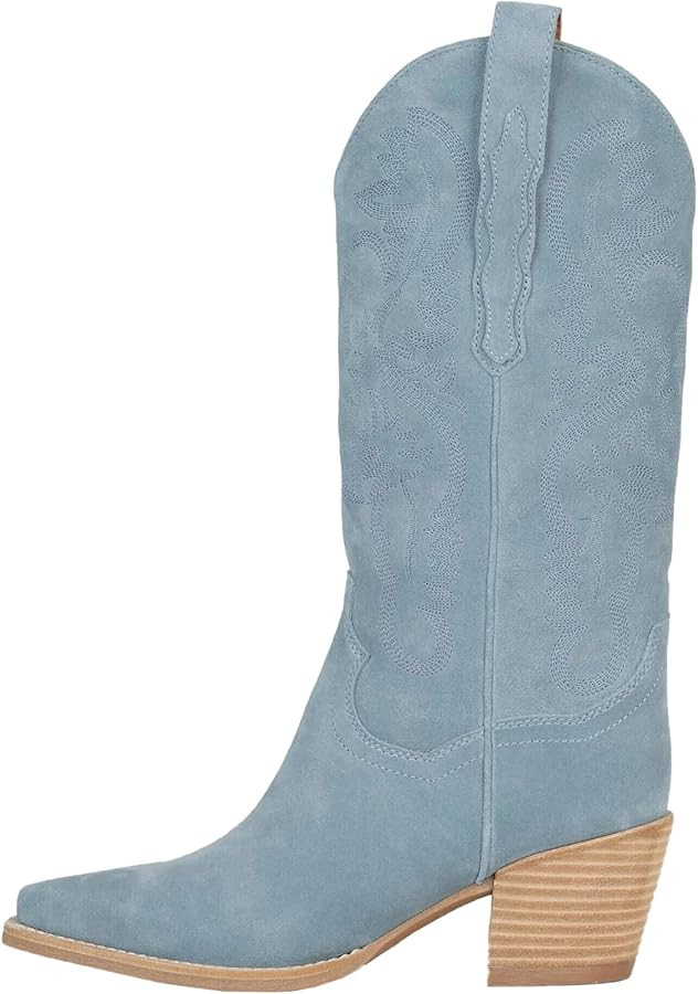 Womens Cowboy Boots Mid Calf Pull-On Closed Square Toe Chunkys Heel Suede Dress Shoes | Amazon (US)