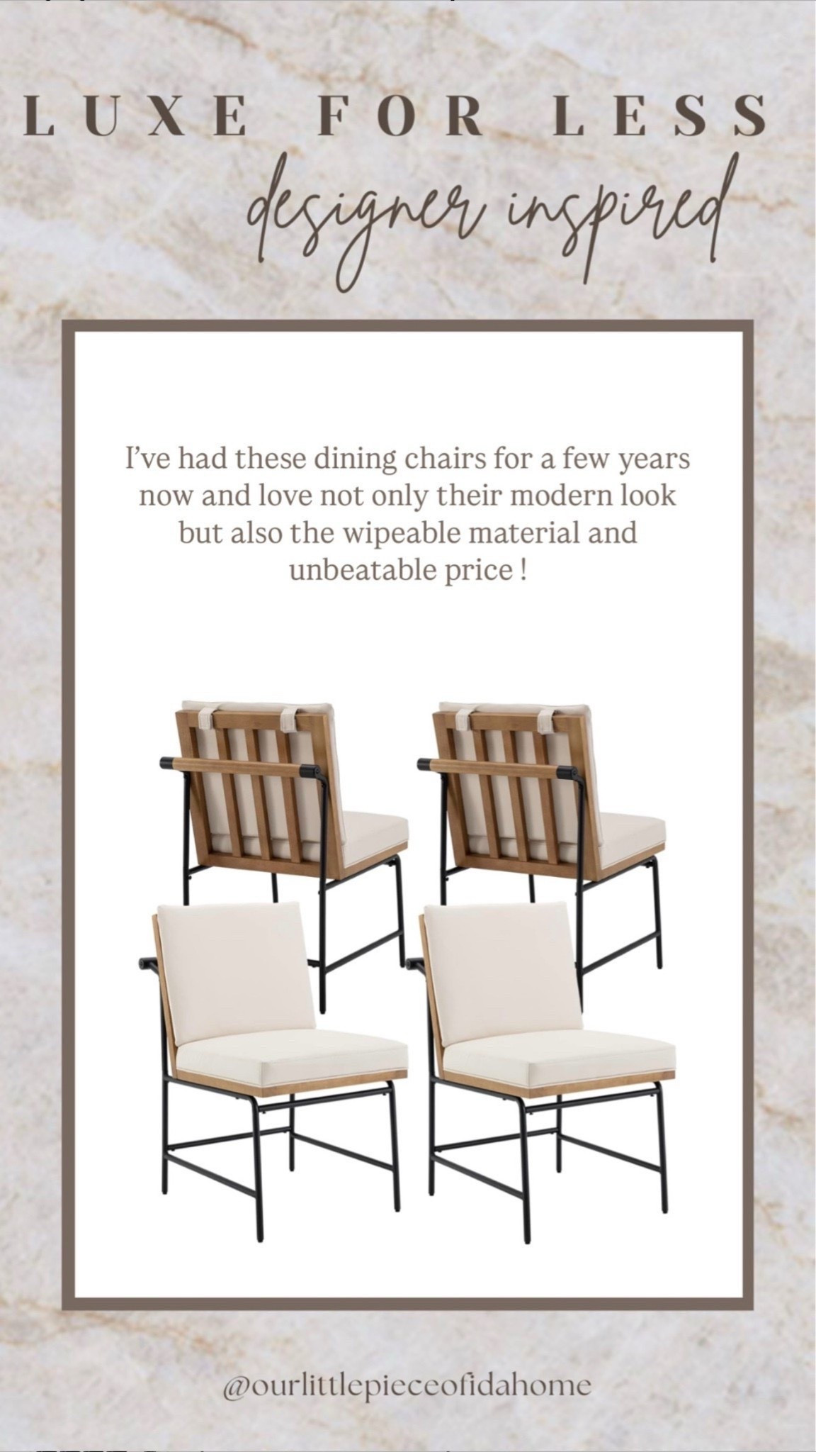 I love these dining chairs because they’ve held up so well for over two years with kids, guests, and pets. I like that they’re easy to wipe clean and don’t require any special care.

They’ve been a practical choice for everyday use while still giving that designer look. Linked here for reference if you’re considering something similar. 

 

#LTKHome #LTKU #LTKSaleAlert