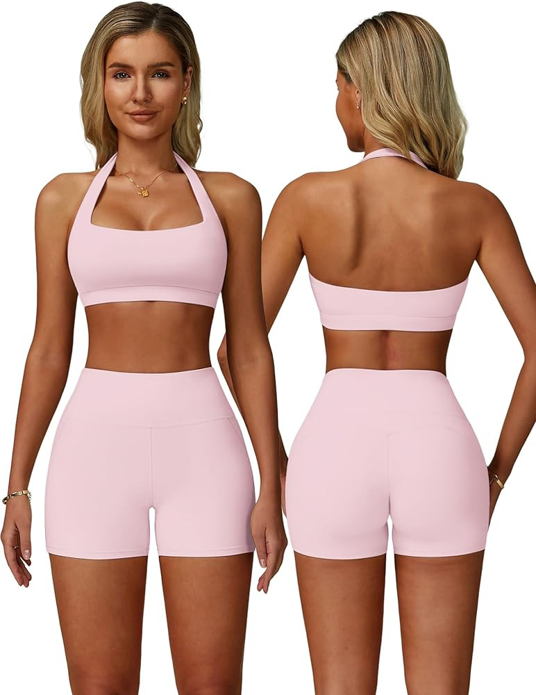 ABOCIW Workout Sets for Women Square Neck Halter Sports Bra High Waist Biker Shorts 2 Piece Gym Y... | Amazon (US)