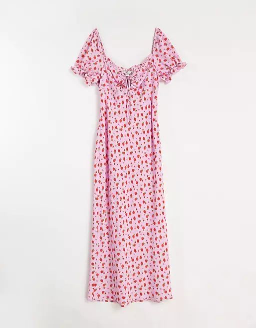 Topshop recycled polyester blend woven floral bardot midi dress in pink | ASOS (Global)