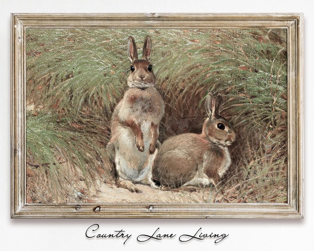 The Curious Rabbits Painting Country Scene Download - Green Toned Rustic Art - Print at Home Post... | Etsy (US)