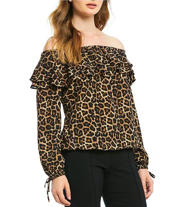 Leopard Print Ruffle Off-the-Shoulder Long Sleeve Top | Dillards