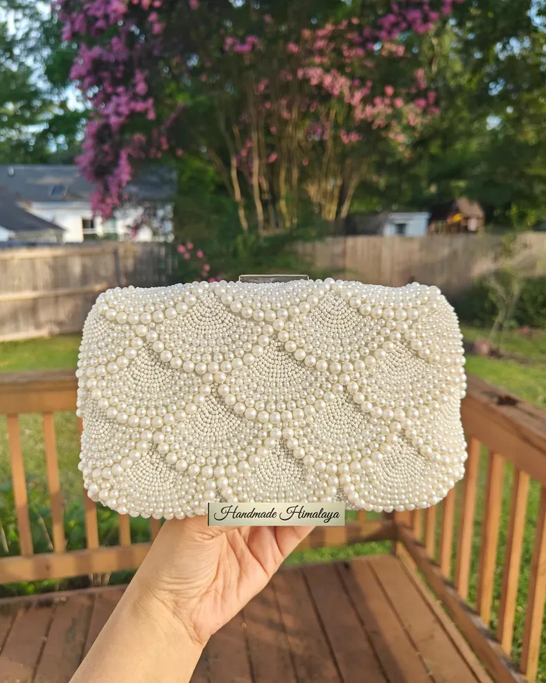 Pearl Beaded Bridal Clutch: Scalloped Crossbody Wedding Purse Bag - Etsy | Etsy (US)