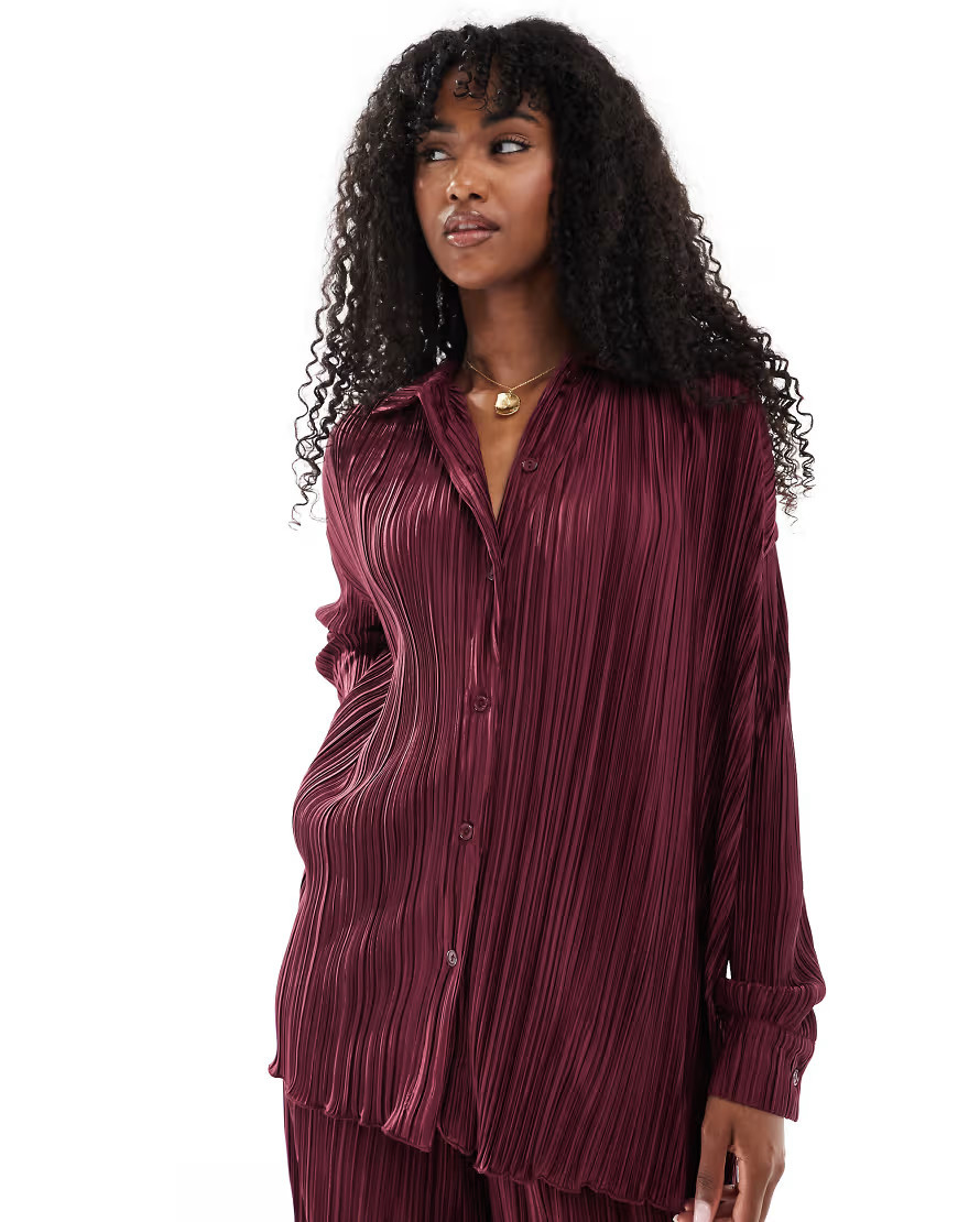 4th & Reckless plisse collared button through lettuce edge hem shirt co-ord in burgundy | ASOS (Global)