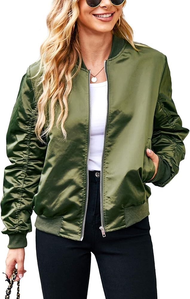 ACEVOG Women Fashion Satin Bomber Jacket Zip Up Casual Jacket Coat with Pocket Outfit | Amazon (US)