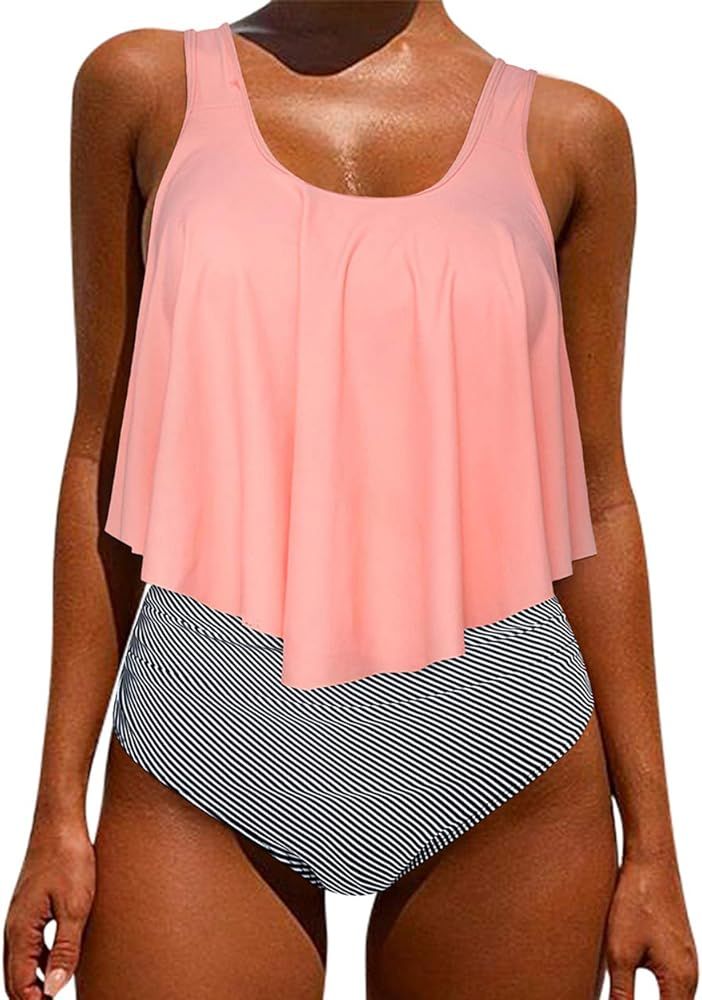 OMKAGI Women's Ruffle Bikini Swimsuit High Waisted Bottom Plus Size Swimwear Tankini | Amazon (US)