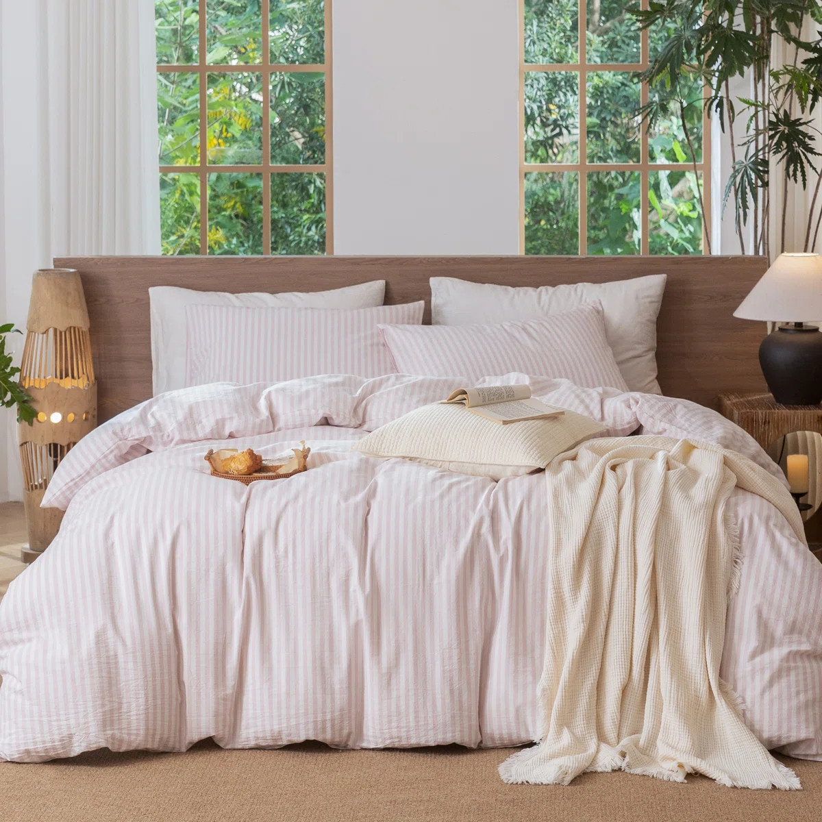 MooMee Striped Duvet Cover Set 100% Washed Cotton Linen Like Textured | Wayfair North America