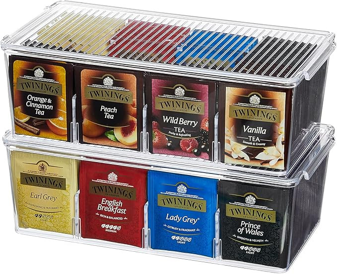 Lifewit 2 Pack Plastic Stackable Tea Bag Organizer, Divided Storage Bin Box for Kitchen Cabinets,... | Amazon (US)