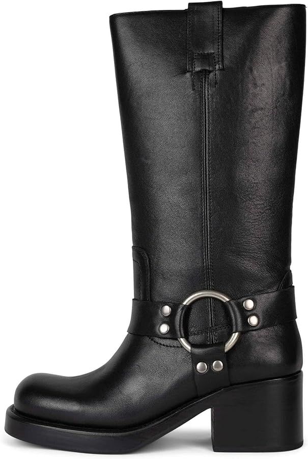 Women's Knee High Riding Boots Round Toe Block Heel Fashion Motorcycle Booties Side Zipper Biker ... | Amazon (US)