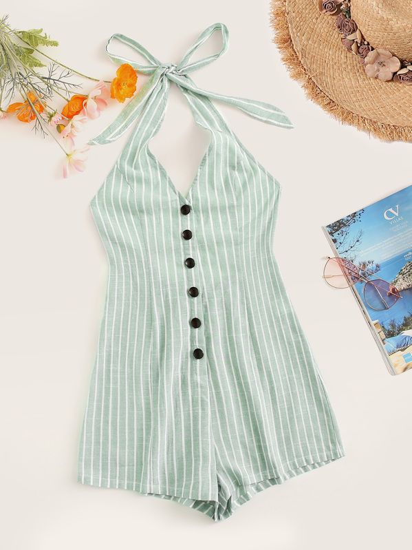 SHEIN Knot Halter Single Breasted Striped Romper | SHEIN