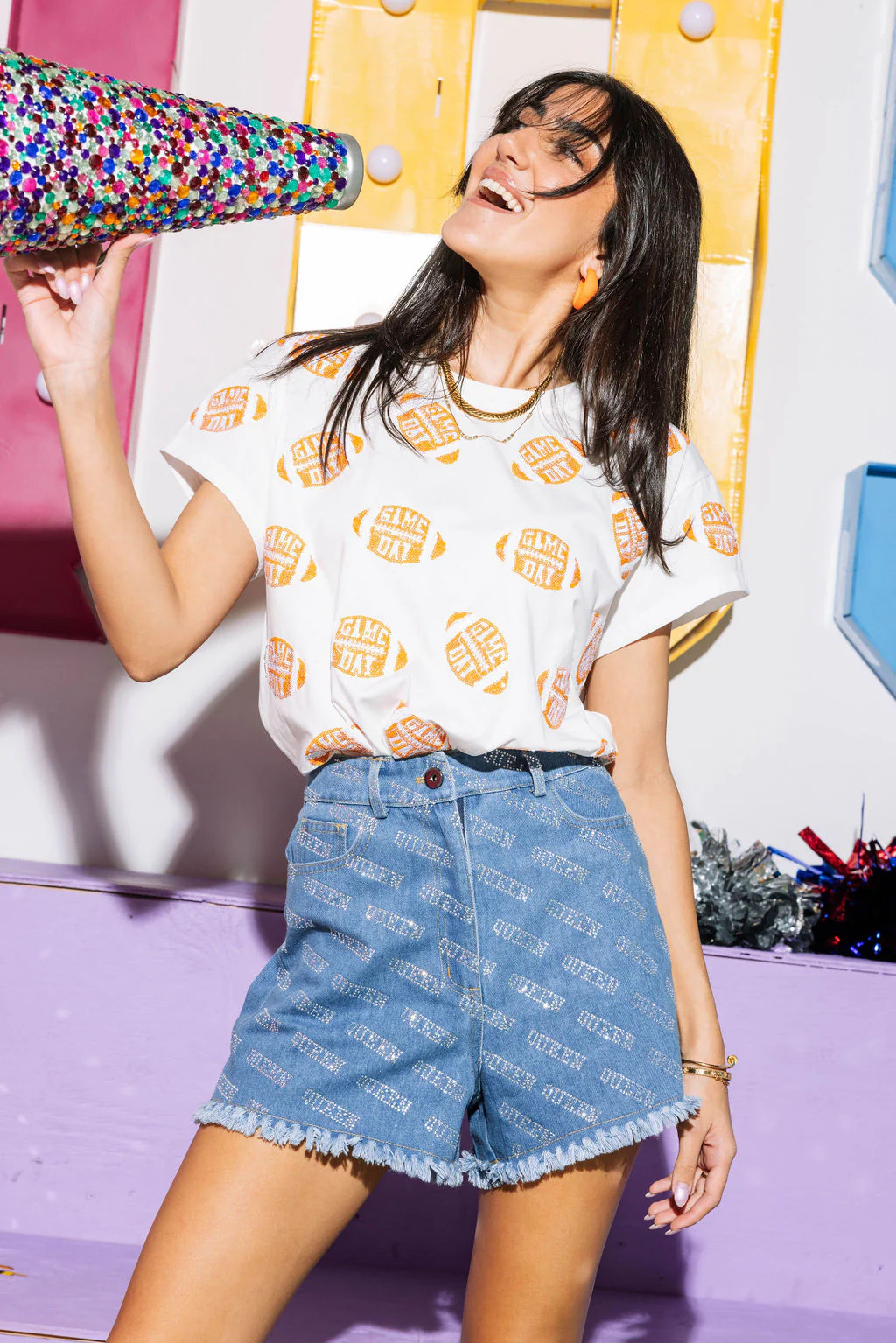 White & Orange 'Game Day' Football Tee | Queen of Sparkles