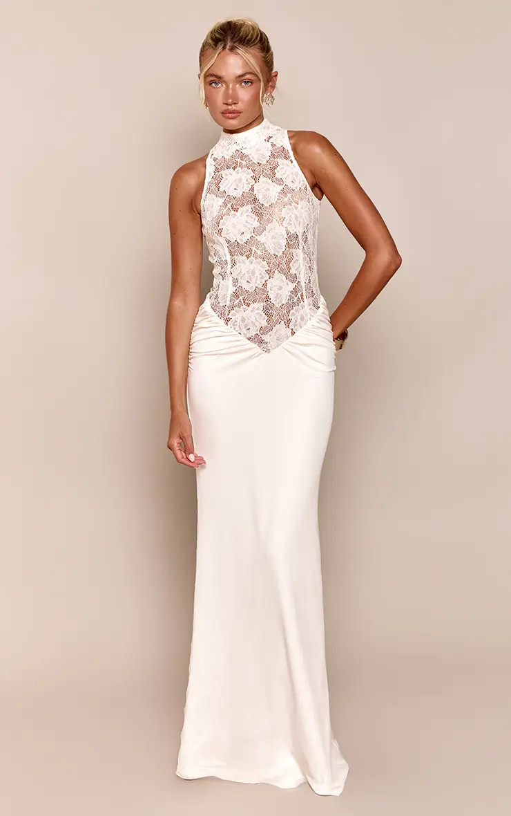White Lace High Neck Sleeveless Contrast Maxi Dress | PrettyLittleThing UK