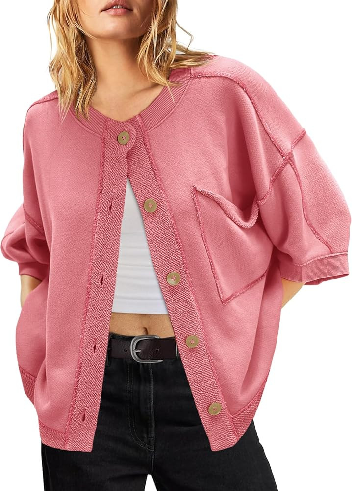 Nirovien Womens 3/4 Sleeve Crewneck Sweatshirt Casual Lightweight Cardigans Fall Button Down Shir... | Amazon (US)