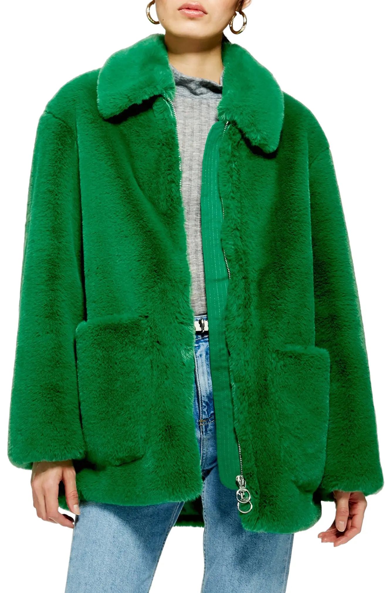 Women's Topshop Faux Fur Jacket, Size 2 US (fits like 0) - Green | Nordstrom