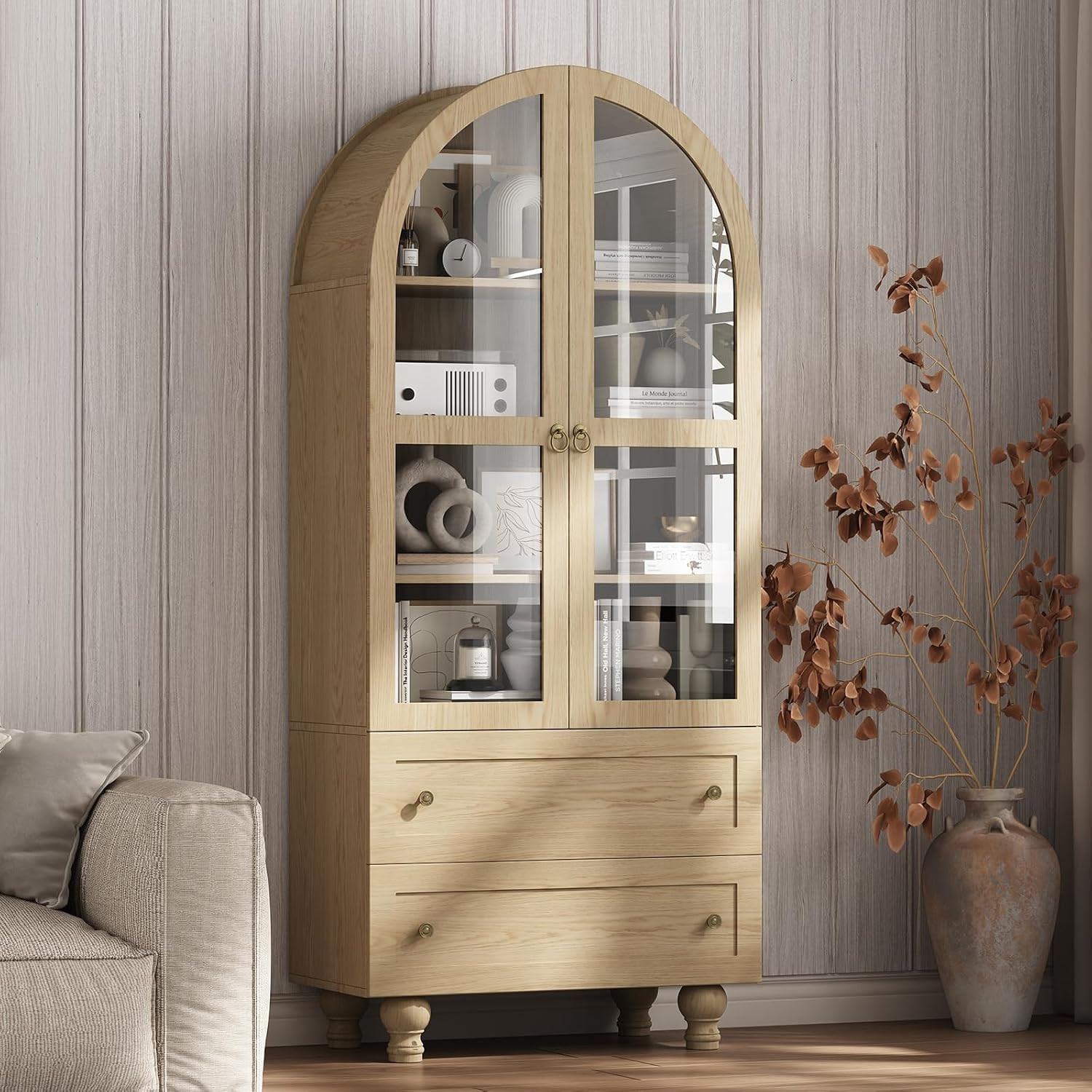 71" Tall Modern Arched Pantry Cabinet, 4-Tier Wood Display Cabinet with Glass Doors & 2 Storage Drawers, Versatile Bookshelf for Living Room, Bedroom, Kitchen, Dining Room, Modern Farmhouse, Natural | Amazon (US)