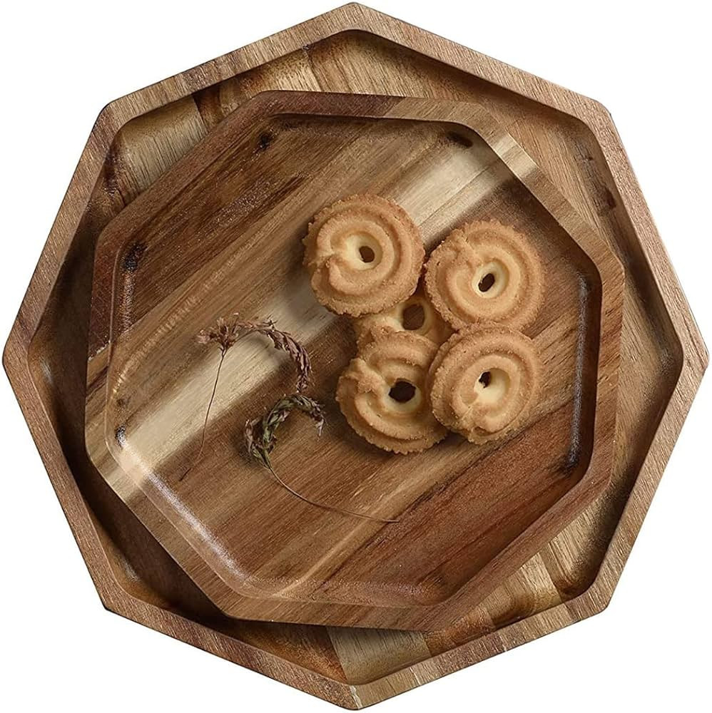 Acacia Wood Serving Tray - Large Set of 2 Octagon Wooden Charcuterie Board for Food, Fruit, Veget... | Amazon (US)