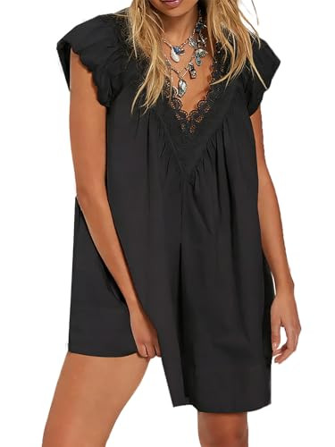 People Free Dup ES Women's Summer Casual Babydoll Mini Dress Lace V Neck Puff Cap Sleeve Loose Bo... | Amazon (US)
